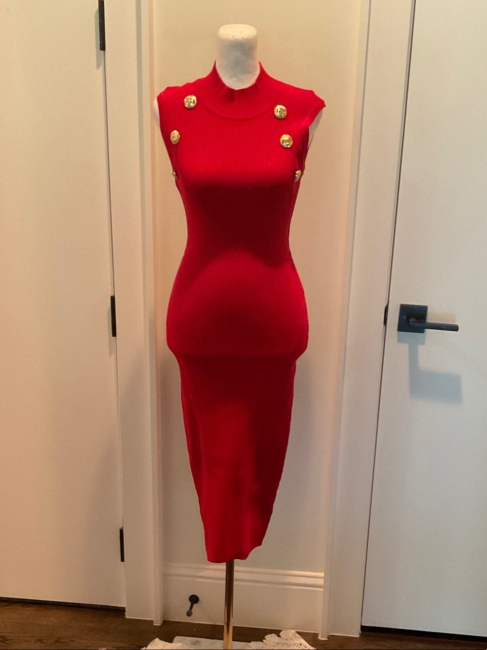 Retrofete Red Sleeveless Ribbed Midi Dress with Gold Buttons